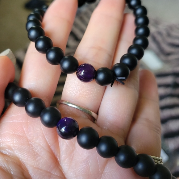 Black Onyx Amethyst Stone Mala Yoga Chakra Reiki Meditation Bracelet - Picture 3 of 5